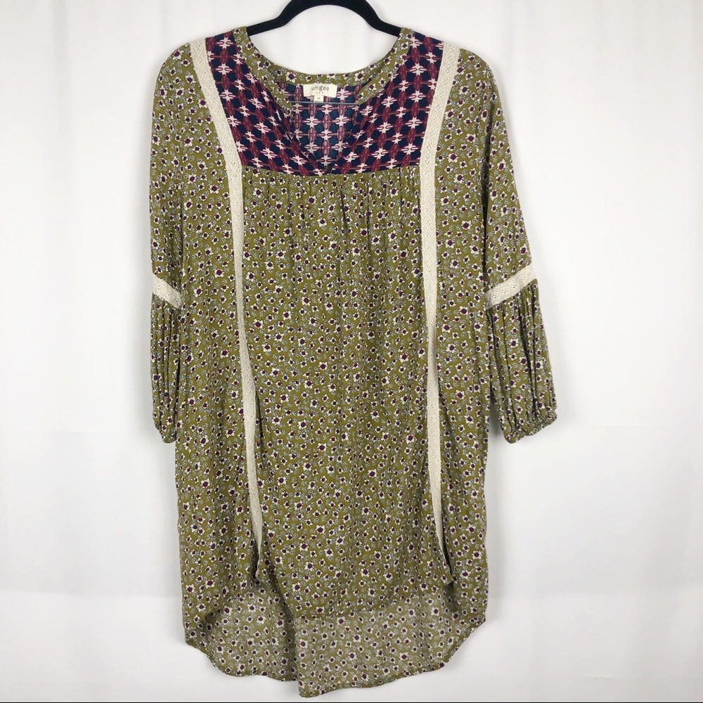 Umgee Boho Floral Lace Tunic  DressHigh Low M